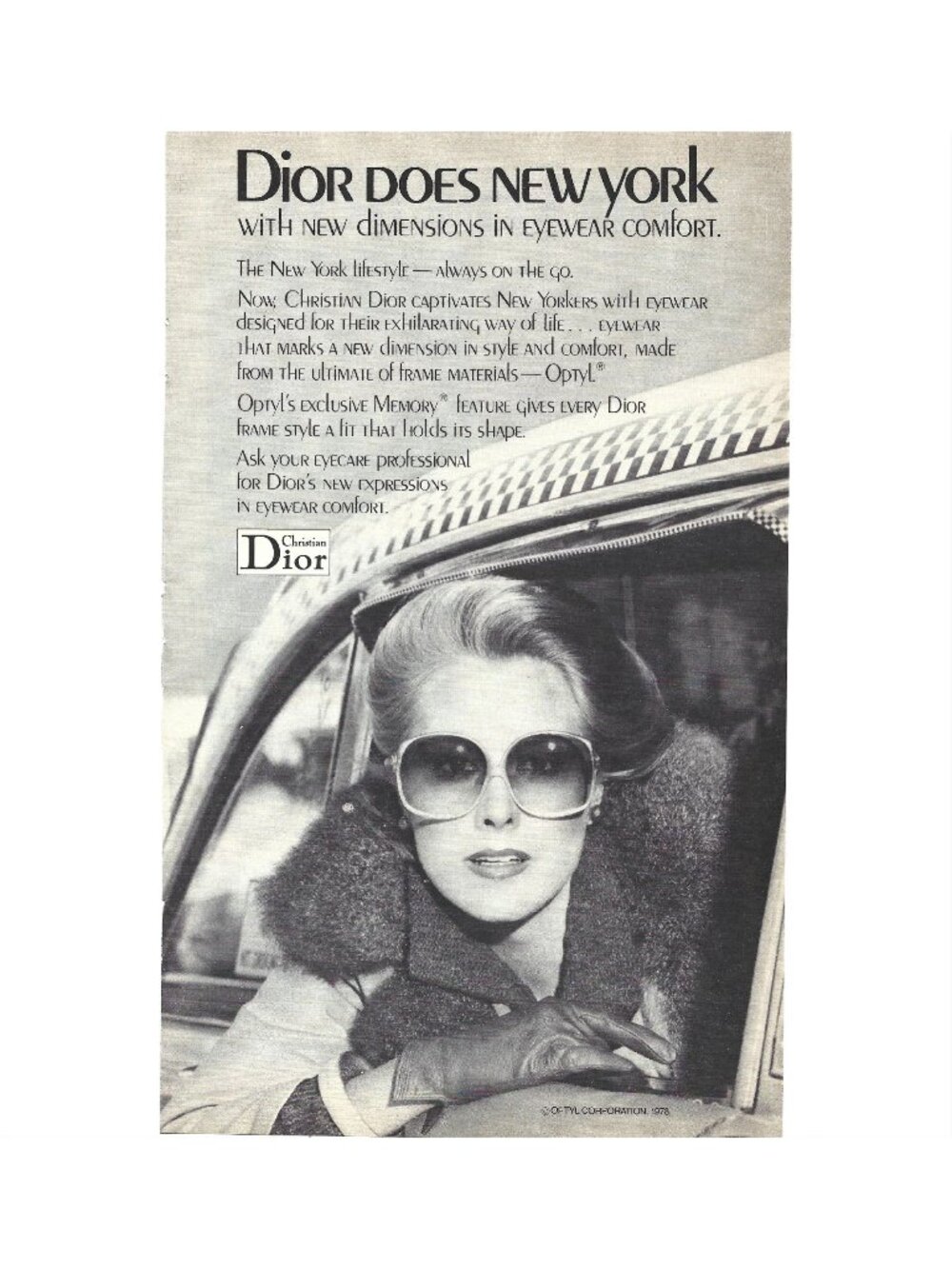 Print Ad Christian Dior Eyewear 1979 New York Style Luxurious Frames Taxi Cab